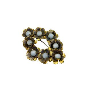 Vintage Flowers Brooch Blue Moonstone Glass Cabochons Brass Tone Older Pin